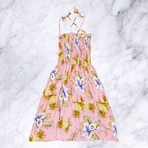 Hibiscus Collection Hawaii Pink Tropical Pineapple Hibiscus Smocked Midi Dress